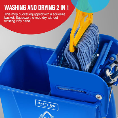 Matthew Cleaning 34 Quart Commercial Mop Bucket INCL.Wet String Mop with Side Press Wringer On Wheels,Heavy Duty Tandem Portable Floor Cleaning Wavebrake,Ideal for Household,Industrial,Restaurant