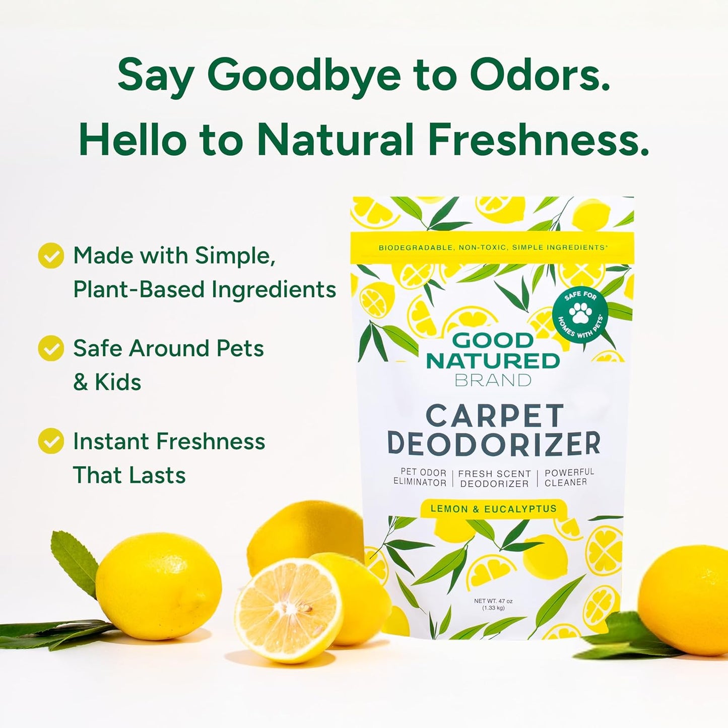 Good Natured Brand | Carpet Deodorizer & Freshener Powder | 31 oz Pet Odor Eliminator for Strong Odor & Pet Urine | Fresh Natural Lemon Scent | Safe for Homes with Pets