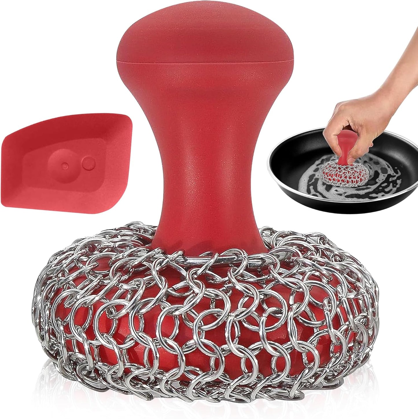 Cast Iron Scrubber Chainmail - 316L Cast Iron Cleaner Scrubber and Bamboo Cloth Set - Chain Mail Scrubber - Stainless Steel Chainmail Scrubber for Skillet, Pan, Dutch Oven - Essential Accessory