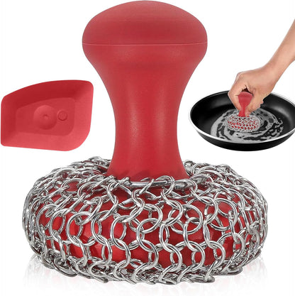 Cast Iron Scrubber Chainmail - 316L Cast Iron Cleaner Scrubber and Bamboo Cloth Set - Chain Mail Scrubber - Stainless Steel Chainmail Scrubber for Skillet, Pan, Dutch Oven - Essential Accessory