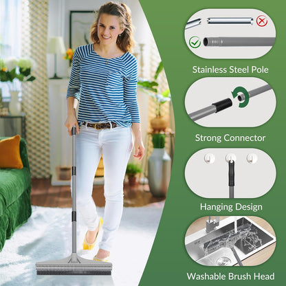 Walensee Carpet Rake for Pet Hair Removal, 2 in 1 Rug Rake to Fluff Carpet with Nylon Groomer Brush, Adjustable Long Handle for Shag Rugs, Stairs, Mats and Floors, Rubber Broom