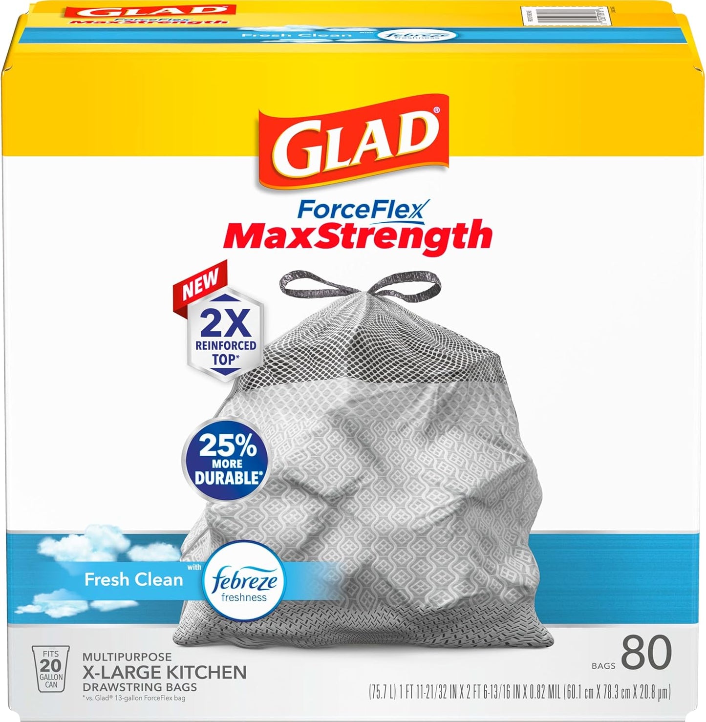 Glad ForceFlex MaxStrength XL Kitchen Trash Bags, 20 Gal, Fresh Clean, 80 Ct (Package May Vary)