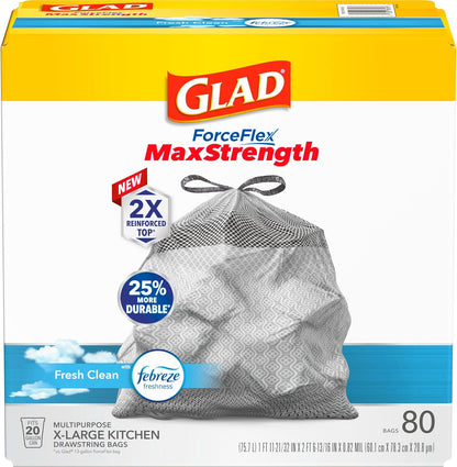 Glad ForceFlex MaxStrength XL Kitchen Trash Bags, 20 Gal, Fresh Clean, 80 Ct (Package May Vary)