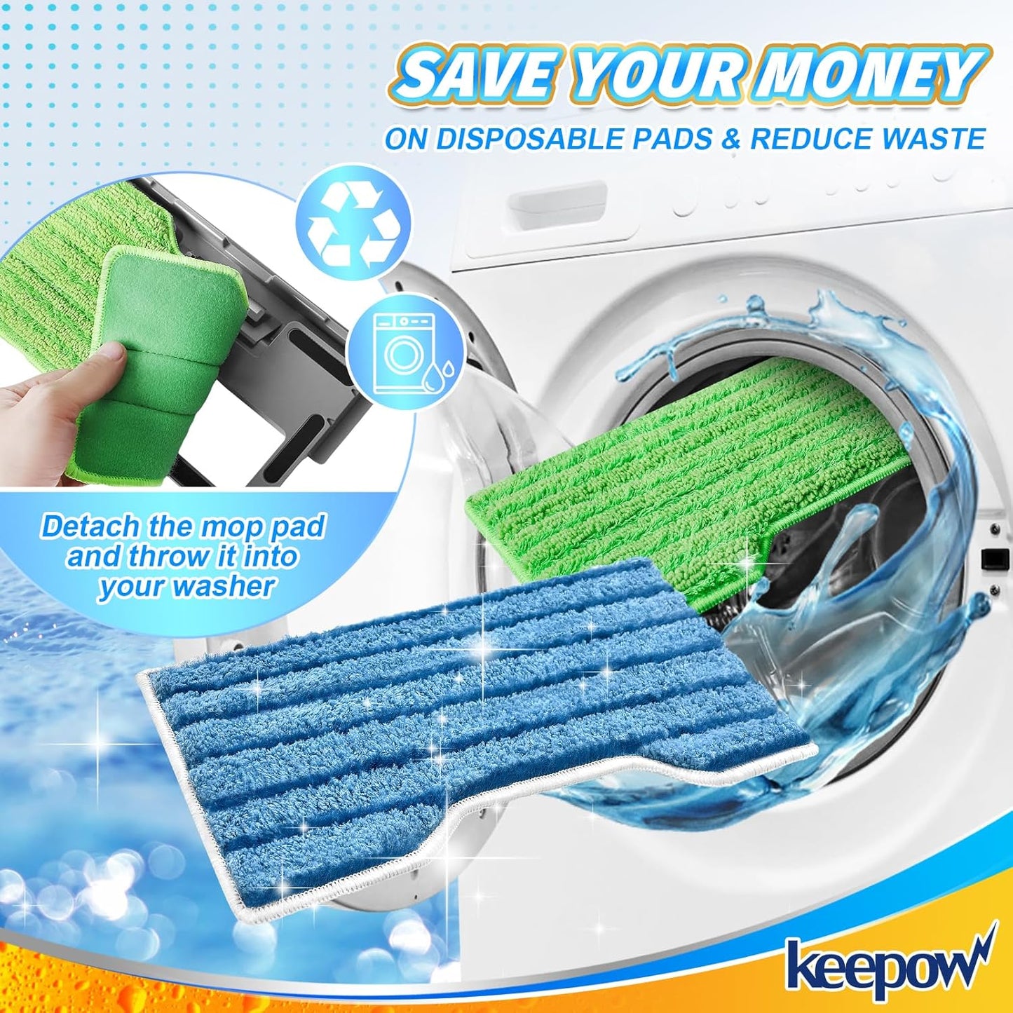 KEEPOW Reusable Mop Replacement Pads Compatible with Shark Vac Mop VM252 VM200 VC205 VM250 VM180 VM401 QM250 VM190, Washable Vacuum Mop Pad Refills, Upgraded Design of Dirt Chamber (1+3+6 Pads)