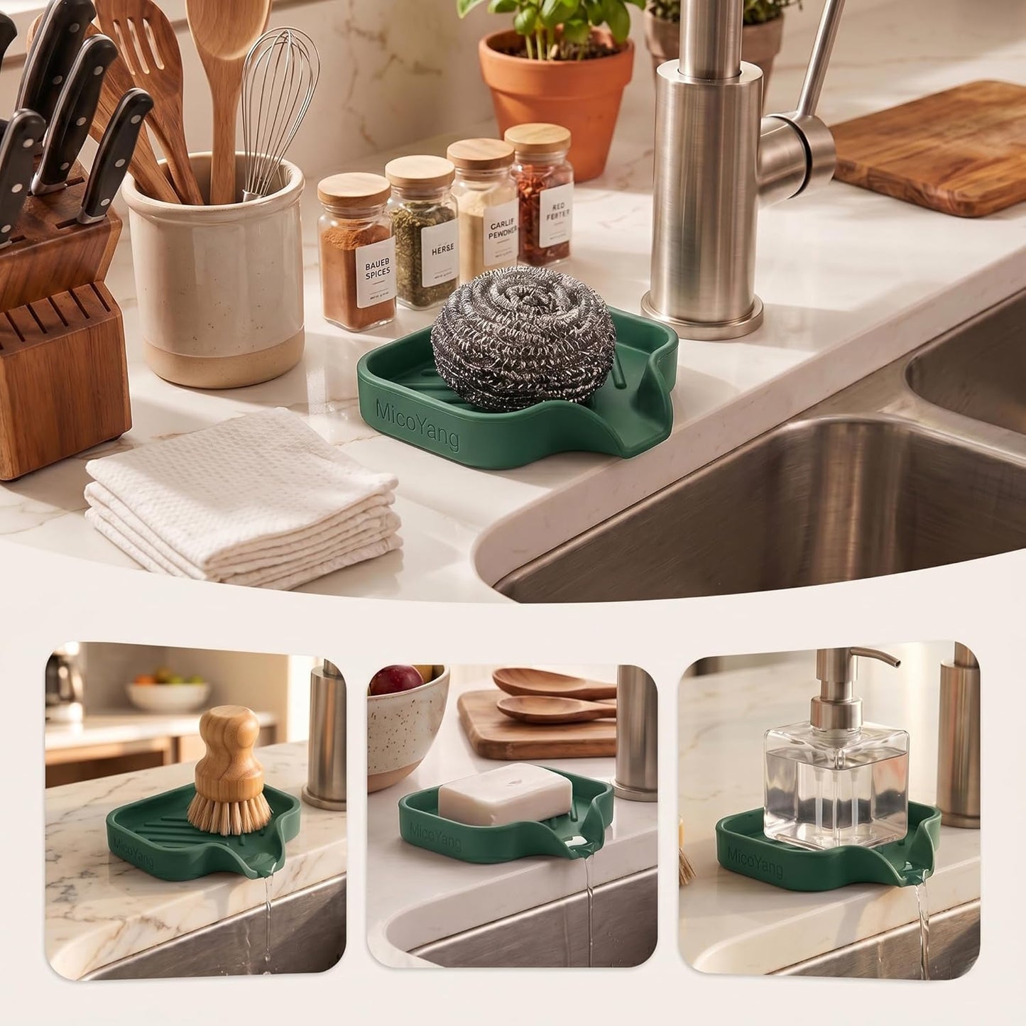 MicoYang Silicone Bathroom Soap Dishes with Drain Spout-Bathroom and Kitchen Sink Organizer,Sponge Holder,Dish Soap Tray,Perfect for Dispenser,Scrubber,Bottle,Cup on Sink or Counter-Black 4.9"×3.2"