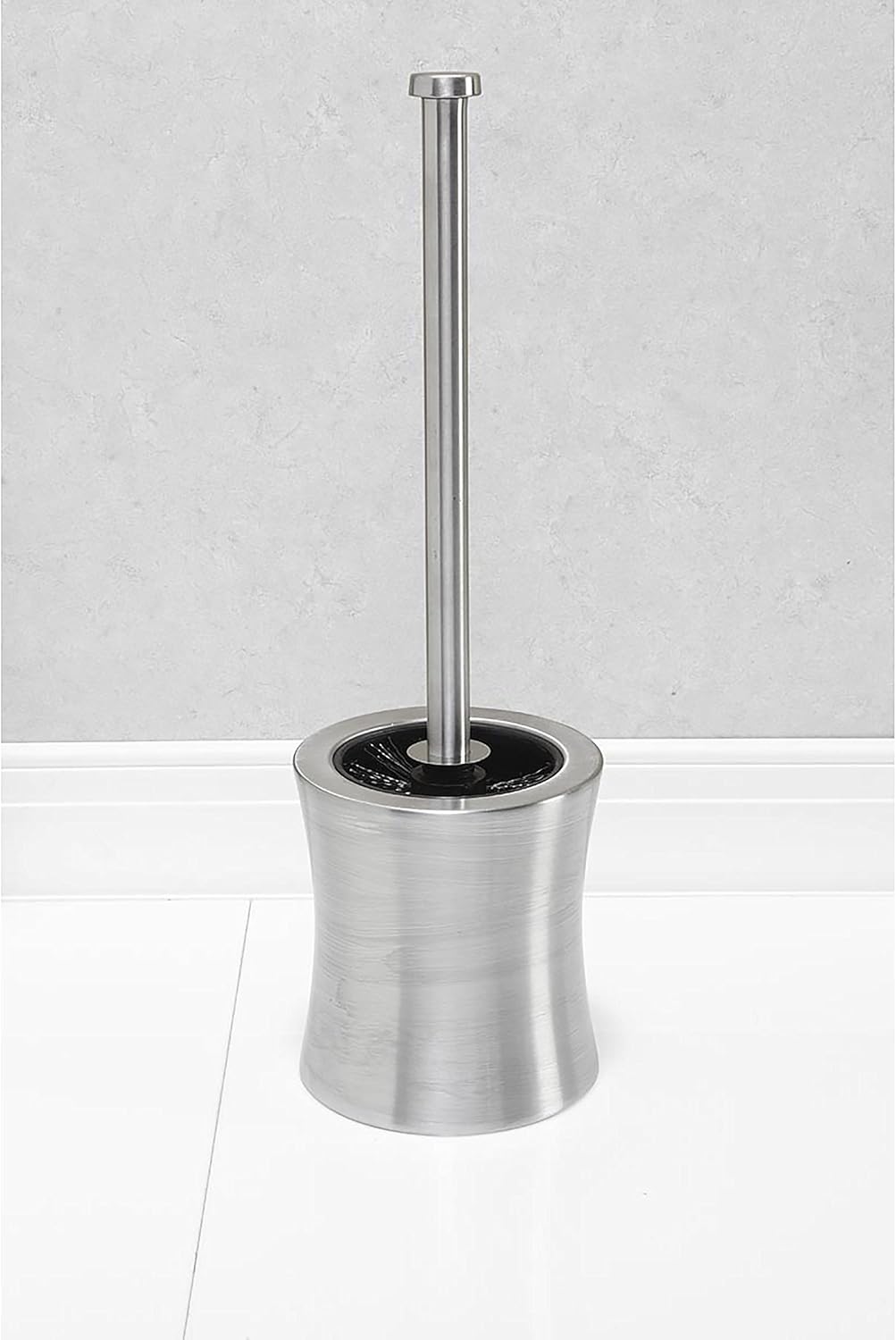 Bath Bliss Hour Glass Shape Weighted Bottom Toilet Brush & Holder Set, Heavy Duty Brush, Silver, 4.5"L x 4.5"W x 15.4"H