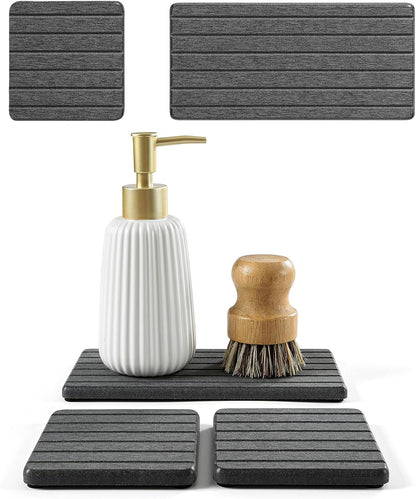 Fast Water Absorption Sink Organizer Tray Set, 3-Pack Compact and Space-Saving Stone Soap Holder Caddy for Kitchen & Bathroom Counter, Faucet Splash Guard, White (1pc of 8"x3.8" + 2pcs of 3.8"x3.8")