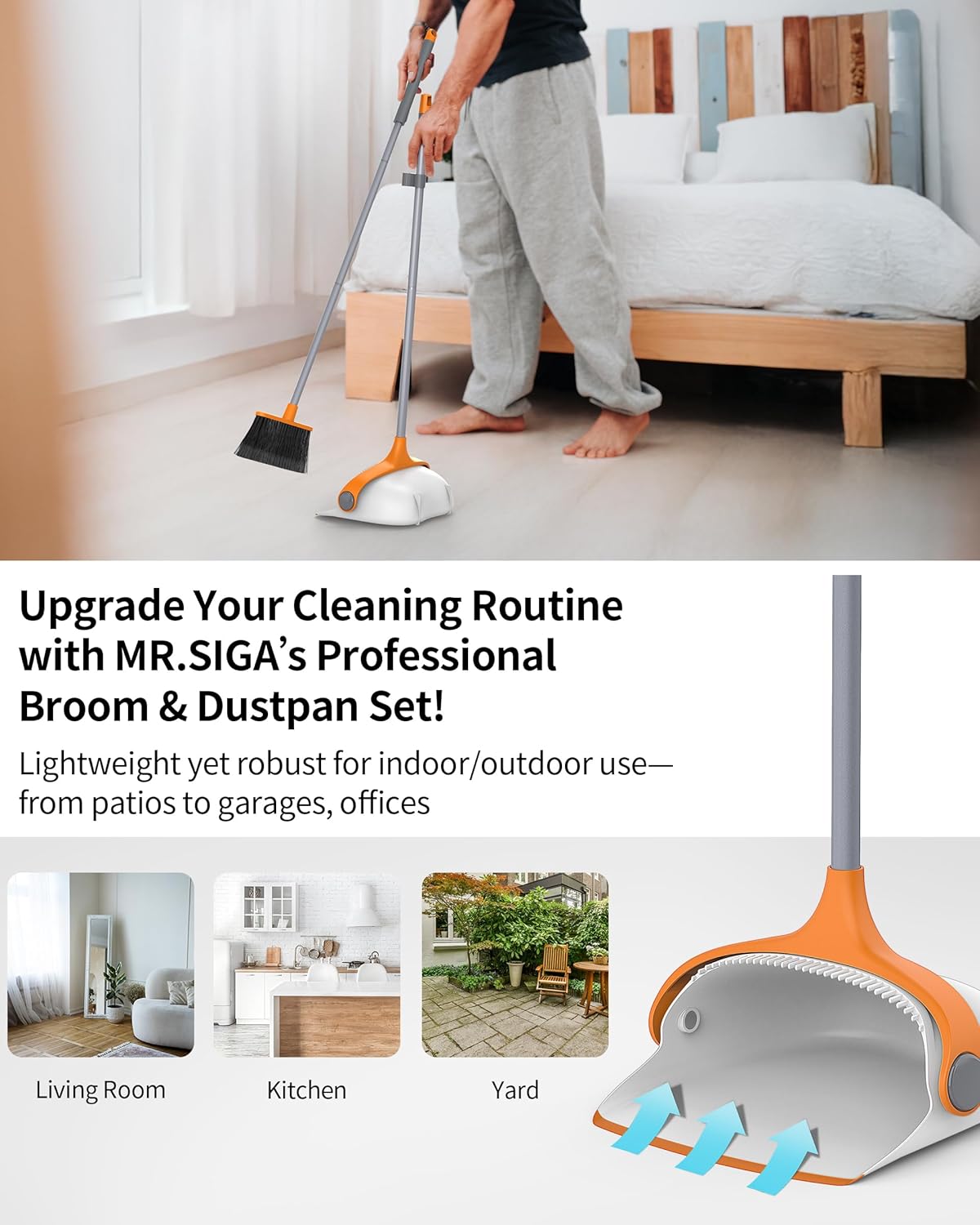 MR.SIGA Broom and Dustpan Set with Adjustable Long Handle, Upright Combo for Floor, Cleaning Lobby, Gray