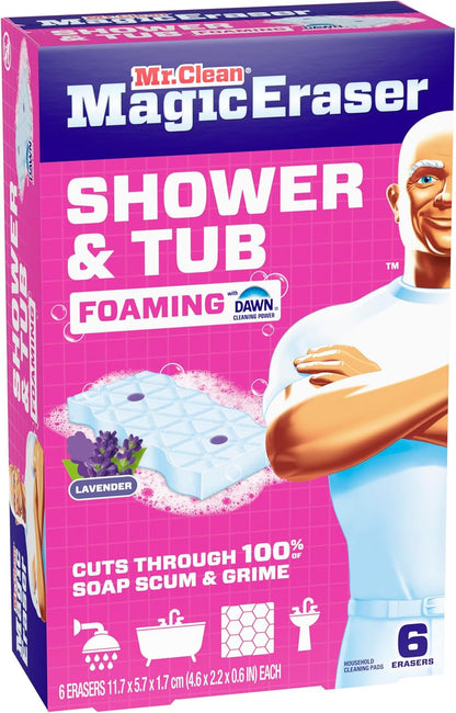 Mr. Clean Magic Eraser Sponge, Bathroom Cleaner, Shower Cleaner, Tub Cleaner, Soap Scum Remover, Bathroom Cleaning Supplies, Dawn Cleaning Power with Febreze Lavender Scent, 5ct