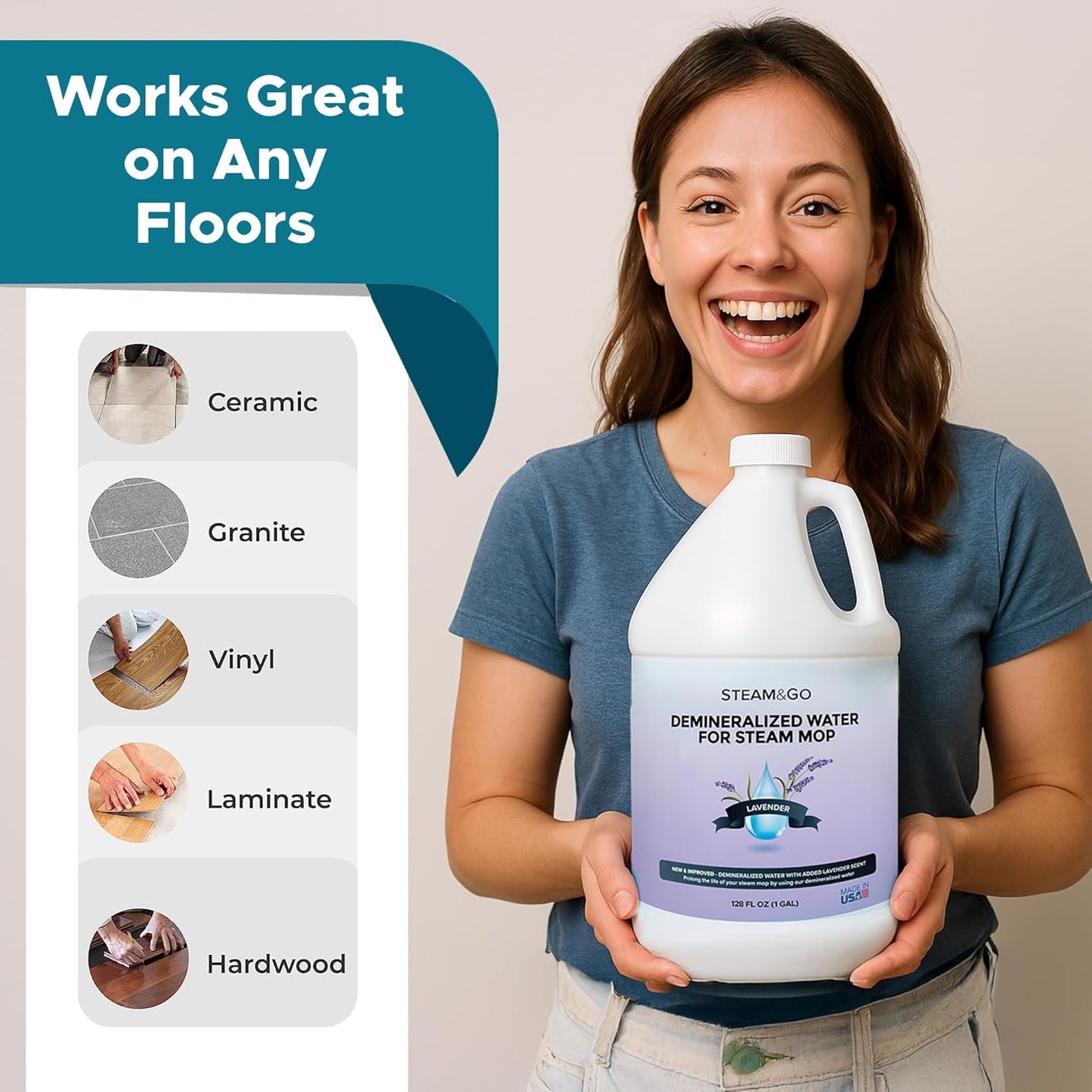 Steam & Go Demineralized Water for Steam Cleaner - PVC-Free Floor Cleaning Solution Compatible for All Steam Mops - Multi-Surface Cleaner for Home Surfaces - Lavender Scent, 32 oz