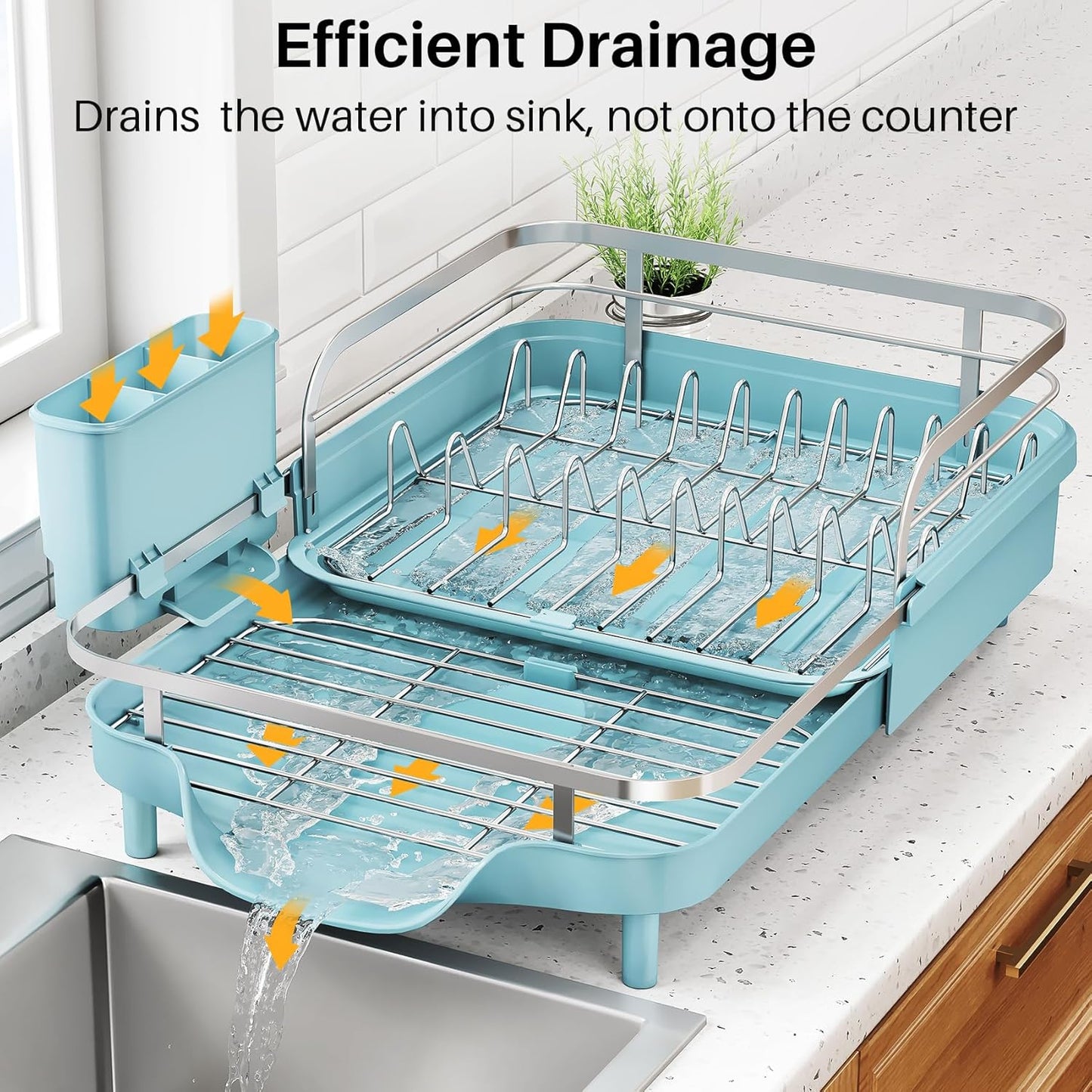 SNTD Dish Drying Rack, Expandable Dish Rack for Kitchen Counter, Stainless Steel Dish Drainer with Drainboard Set and Utensil Holder (Black)