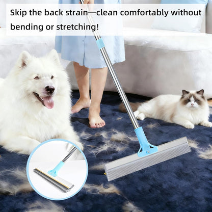 Lazyfeel Pet Hair Remover, Adjustable 18-54”Carpet Rake, Rubber Broom for Deep Clean, Dual-Sided Fur Remover Broom for Pet Hair, Furniture, Rugs, Stairs, Car, and More