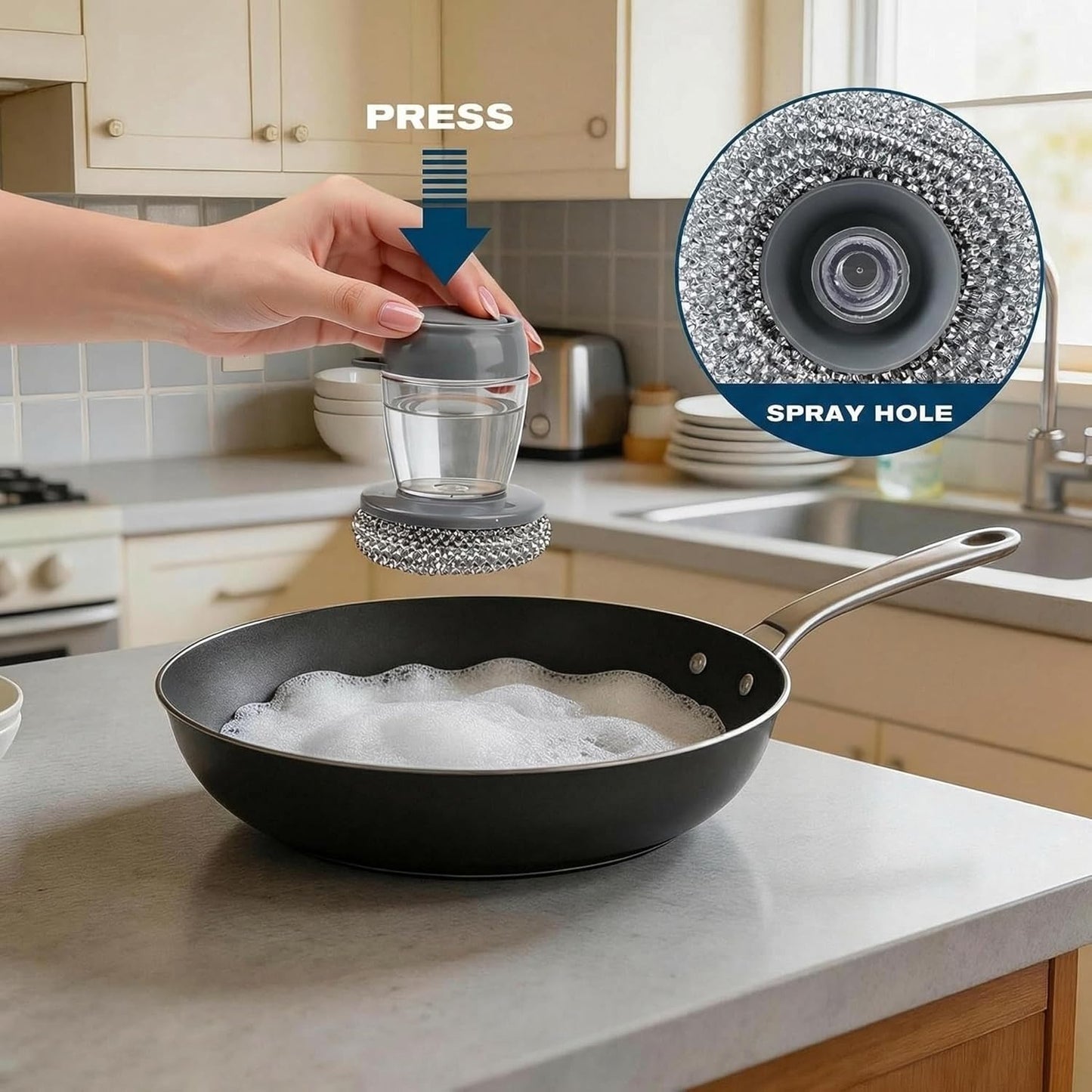 Comfort Grip Soap Dispensing Kitchen Scrub, Heavy Duty Kitchen Scrub Brush with Comfort Grip, Replaceable Cleaning Balls, Non-Slip Handle for Dishes, Pots, Pans, Sinks & Countertops (2 + 4pcs Balls)