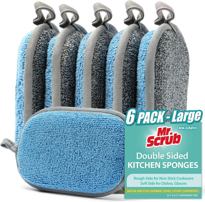 Sponges Kitchen Dish Sponge for Washing Dishes Cleaning Kitchen, All-Purpose, 6 Pack, Non Scratch, Rough Scrubbers Side for Non-Stick Cookware, Soft Microfiber Scrub Side for Dishes, Mr. Scrub