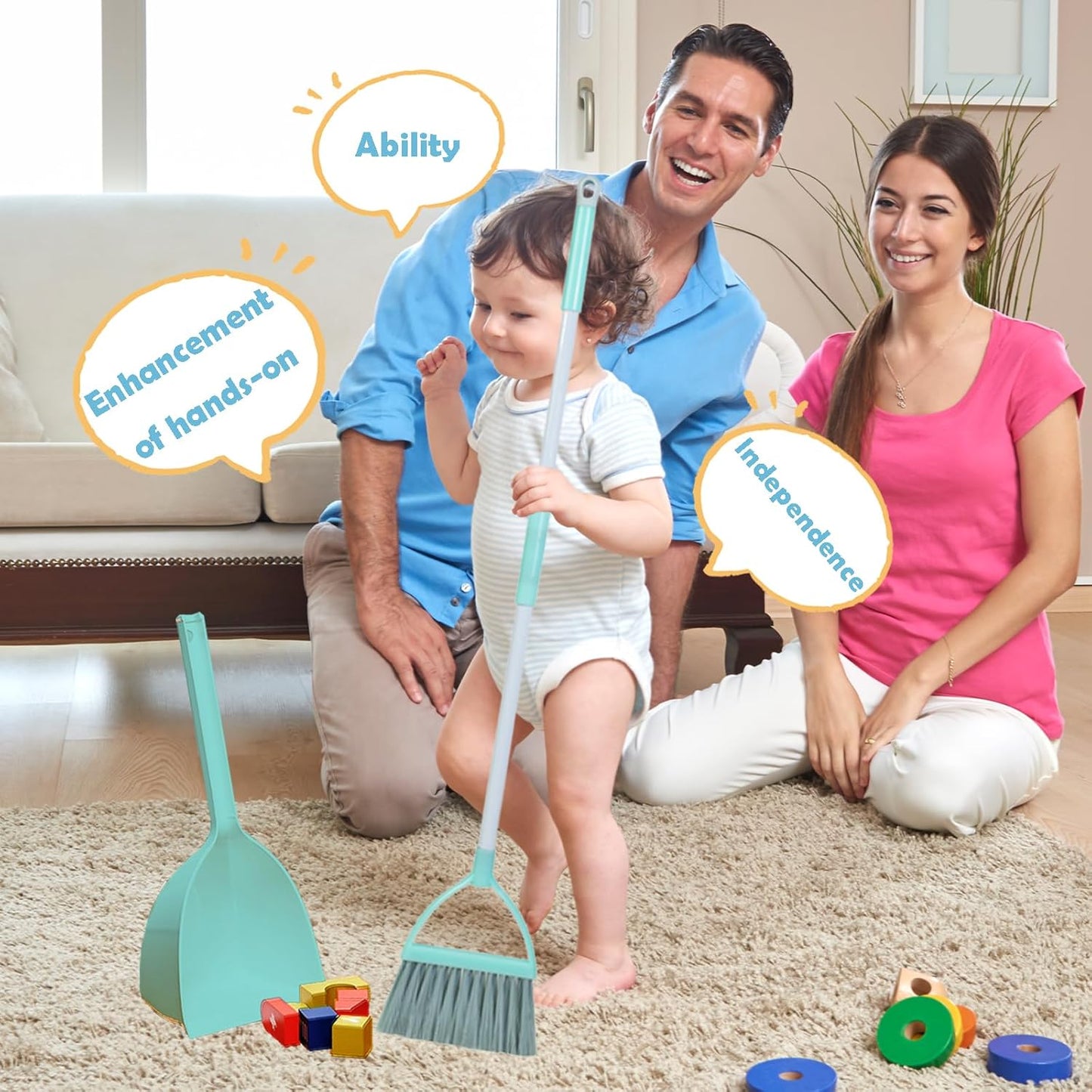 Mini Broom with Dustpan for Kids,Little Housekeeping Helper Set (Light Blue)