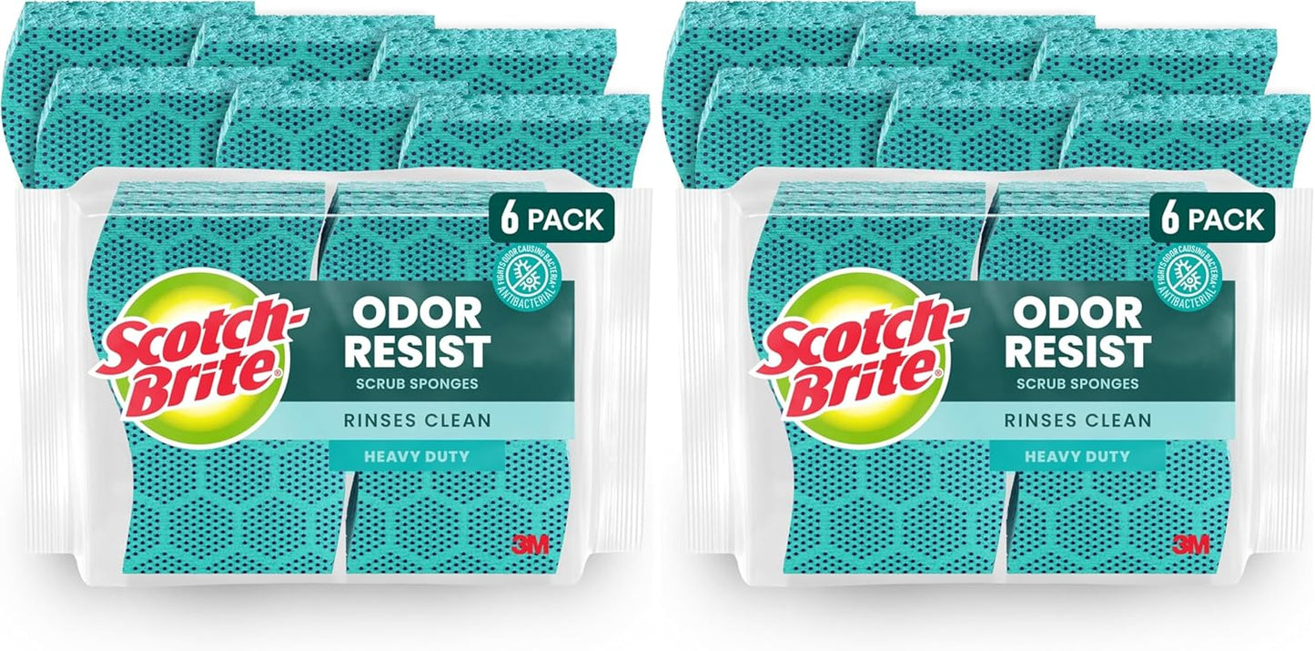 Scotch-Brite Odor Resist Heavy Duty Scrub Sponge, Dishwasher-Safe Kitchen sponges for Serious Scrubbing, Multipurpose Dish Sponge for Stuck-On Messes, 6 Scrubbing Sponges