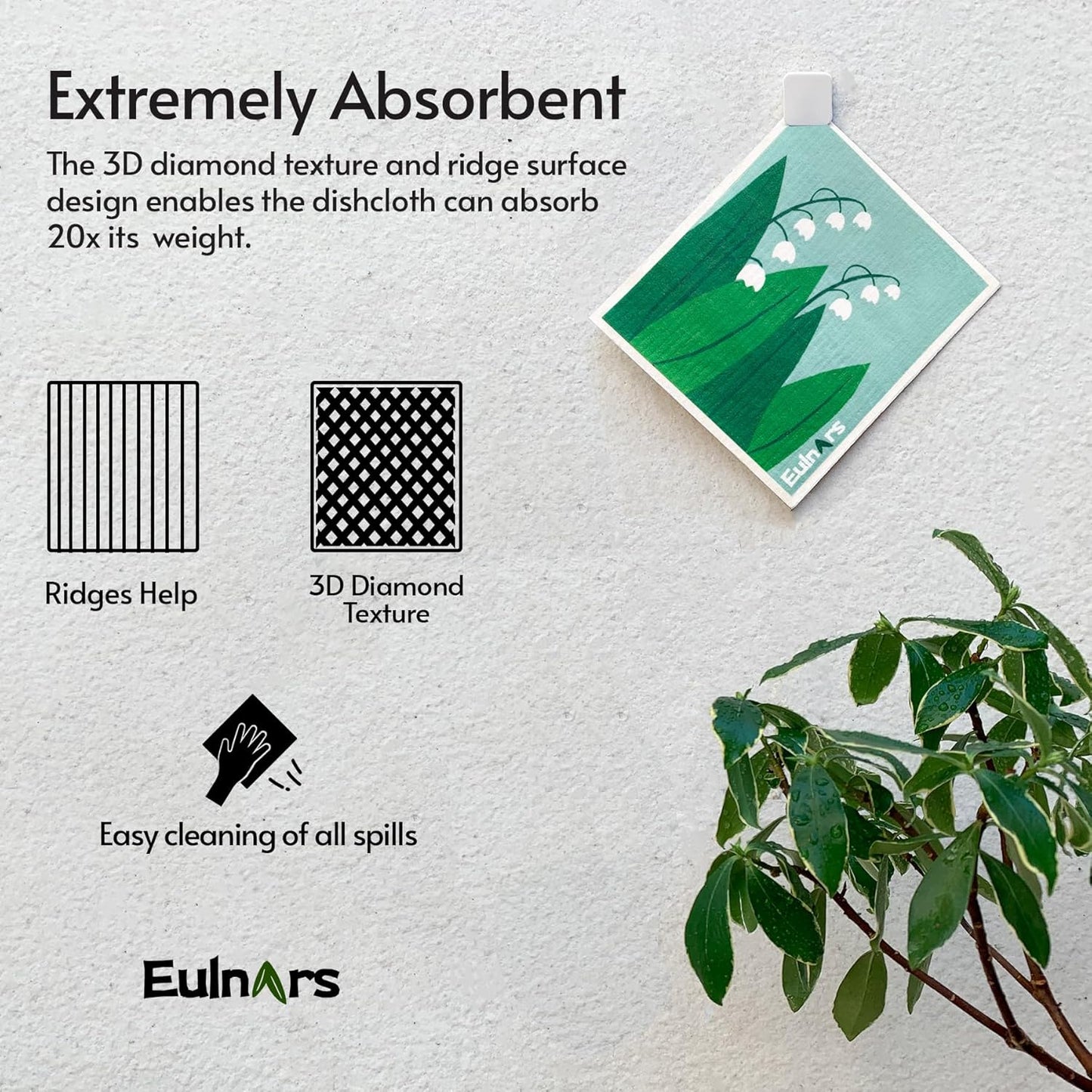 Eulnars Swedish Dishcloths for Kitchen, 8 Pack Reusable Paper Towels with Clips, Non-Scratch Swedish Kitchen Towels, Super Absorbent Cellulose Sponge Cloths, Dishwasher Safe, No Odor