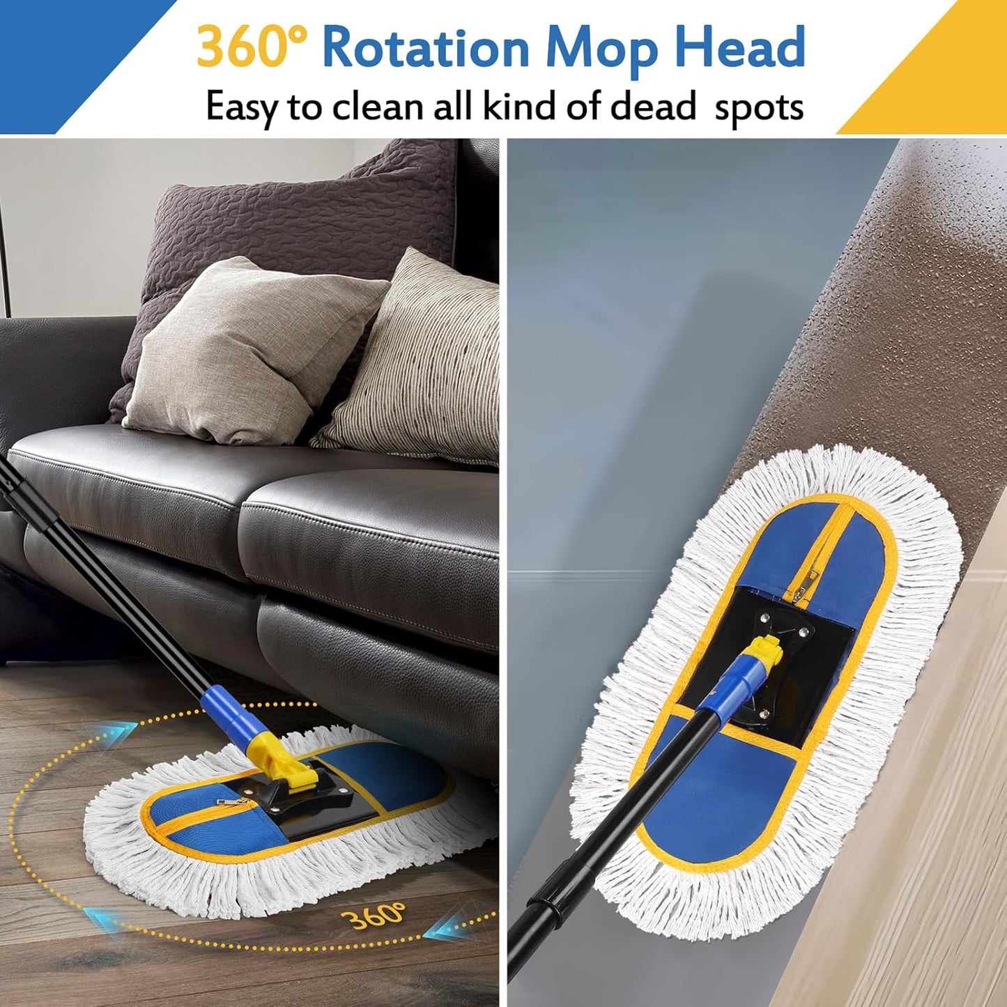 Commercial Dust Mop for Floor Cleaning - Industrial Wet Dry Broom with 2 Washable Mops Pads for Hardwood Vinyl Laminate Floors Warehouse Courtyard Cleaning,16 Inch,Blue