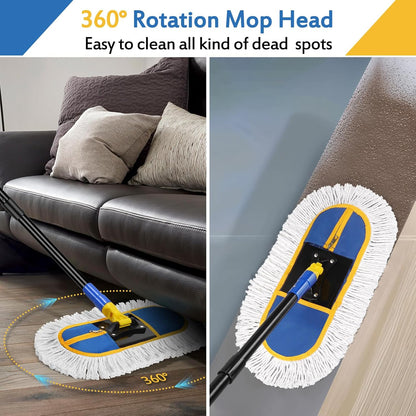 Commercial Dust Mop for Floor Cleaning - Industrial Wet Dry Broom with 2 Washable Mops Pads for Hardwood Vinyl Laminate Floors Warehouse Courtyard Cleaning,16 Inch,Blue