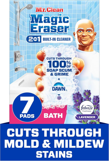 Mr. Clean Magic Eraser Sponge, Bathroom Cleaner, Shower Cleaner, Tub Cleaner, Soap Scum Remover, Bathroom Cleaning Supplies, Dawn Cleaning Power with Febreze Lavender Scent, 5ct