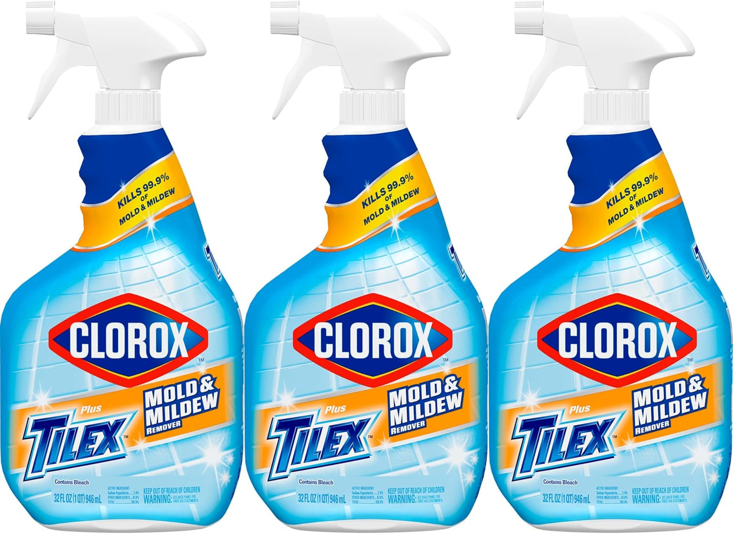 Clorox Plus Tilex Mold and Mildew Remover with Bleach, Spray Bottle, 32 Fluid Ounces, Unscented, Pack of 3