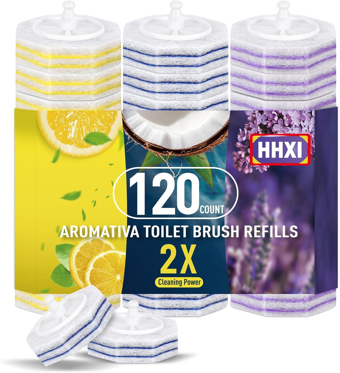 15Ct Aromative Toilet Brush Refills, Toilet Bowl Cleaner Refills, Double-Layer Cleaning Pads Added, Disposable Refill Heads for Toilet Bowl Cleaner Wands，Lemon, Blue Ocean, Lavender （Patented）