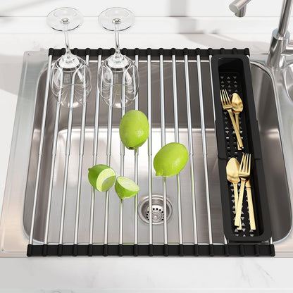 JASIWAY Dish Drying Rack in Sink, Expandable Stainless Steel Dish Drainers for Kitchen Counter, Dish Dryer Rack for Inside Sink, Over The Sink Dish Racks with Utensil Holder, Silver