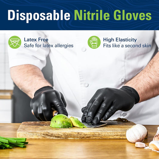 SWIFTLITE Black Nitrile Gloves, Food Safe Disposable Gloves Latex Free, Rubber Gloves Powder Free for Cooking, Kitchen Clean