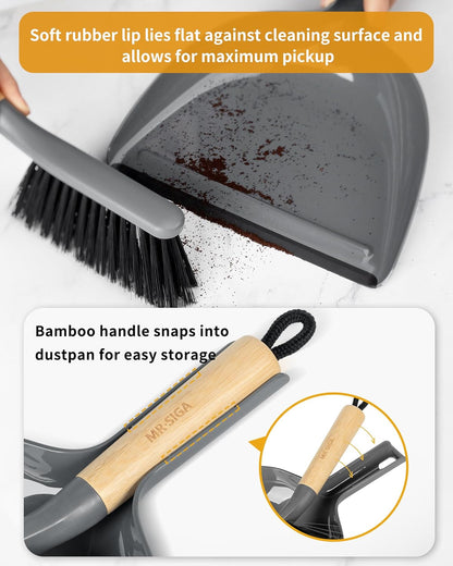 MR.SIGA Dustpan and Brush Set, Portable Cleaning Brush and Dustpan Combo with Bamboo Handle, White, 1 Set