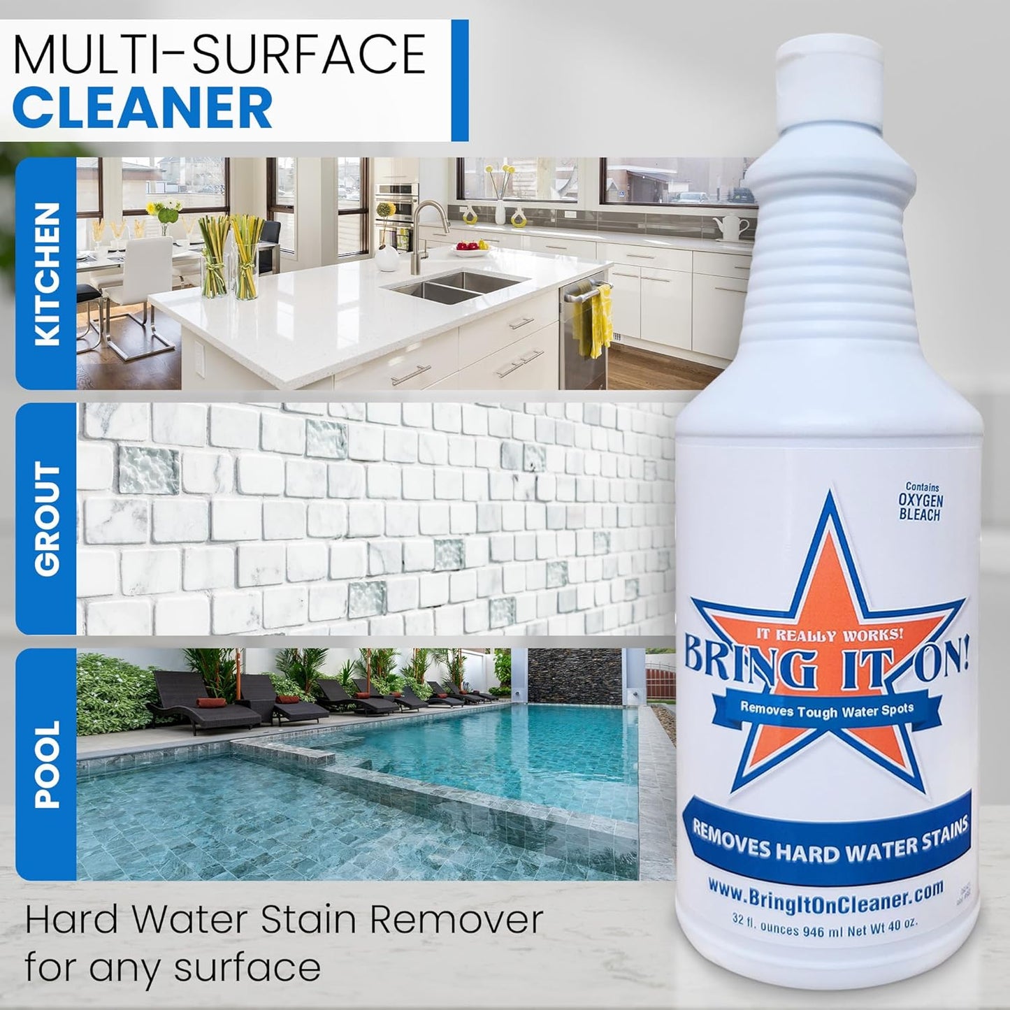 Bring It On Cleaner Hard Water Stain Remover 16 oz | Glass, Soap Scum Remover for Shower Glass, Fiberglass, Windows, Tile and Grout Cleaner, and Includes Scrubbing Drill Pads