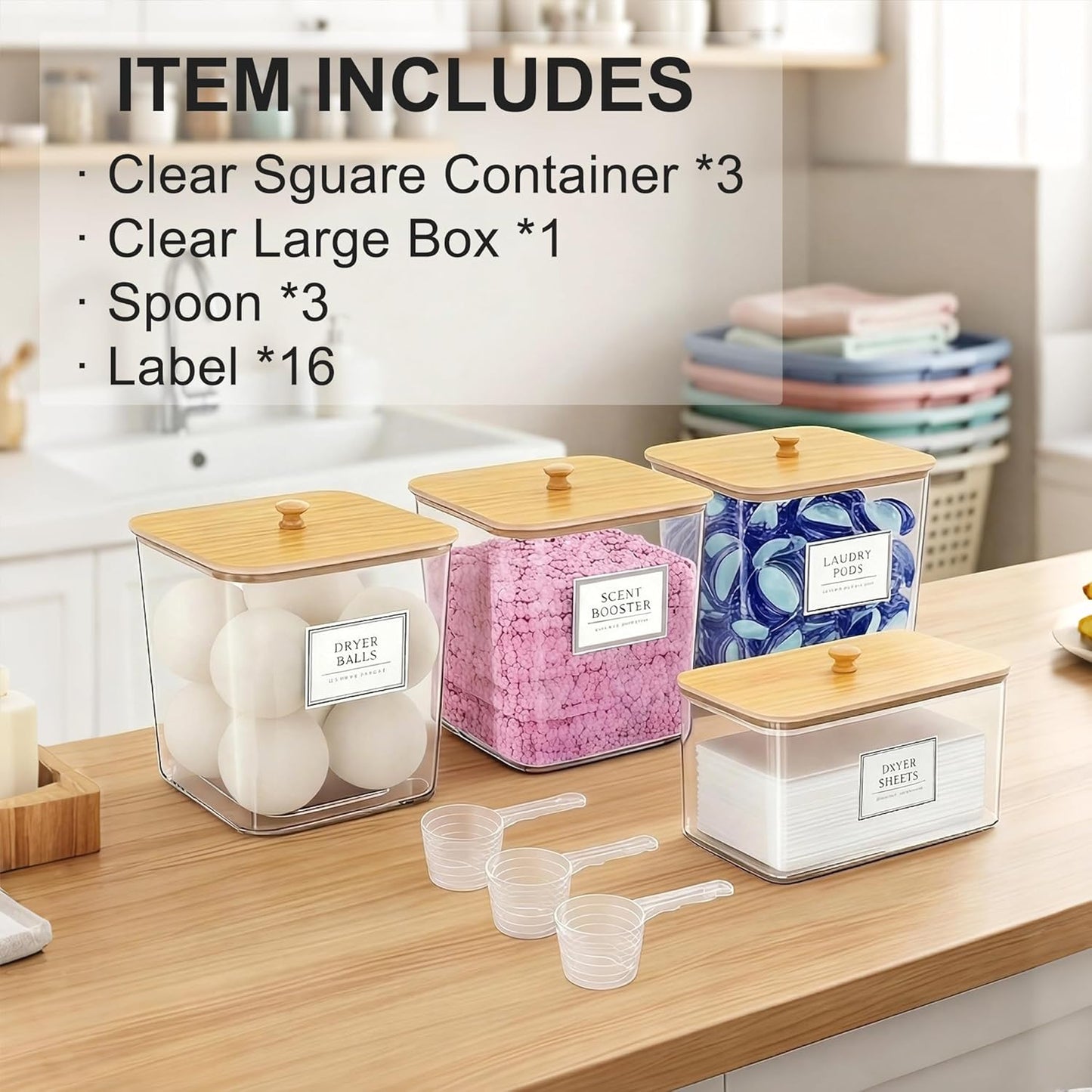 FUSHITON Laundry Pods Storage Container, 4+1 Set Clear Containers with Bamboo Lids for Detergent Pods, Scent Beads & Dryer Sheets, Includes 16 Labels and 3 Measuring Scoops