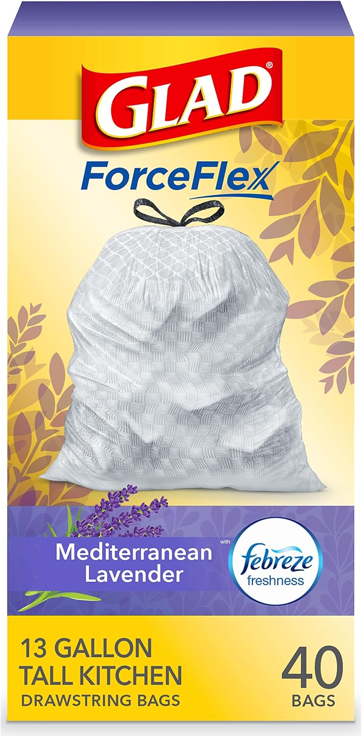 Glad ForceFlex Tall Kitchen Trash Bags, 13 Gal, Gain Lavender with Febreze, 110 Ct (Pack May Vary)