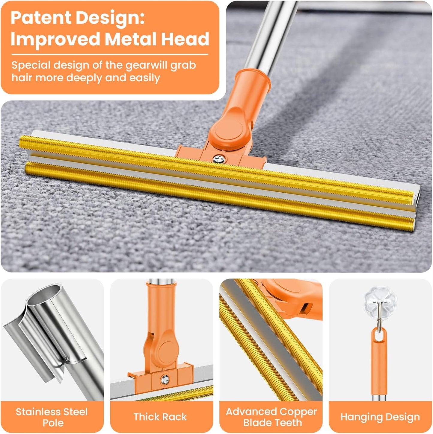 3 in 1 Carpet Rake for Pet Hair Removal, Tool Set of 3, 55” Long Handle Carpet Pet Hair Removal Carpet Scraper Dog Cat Hair Remover for Sofa, Couch, Car, Rug