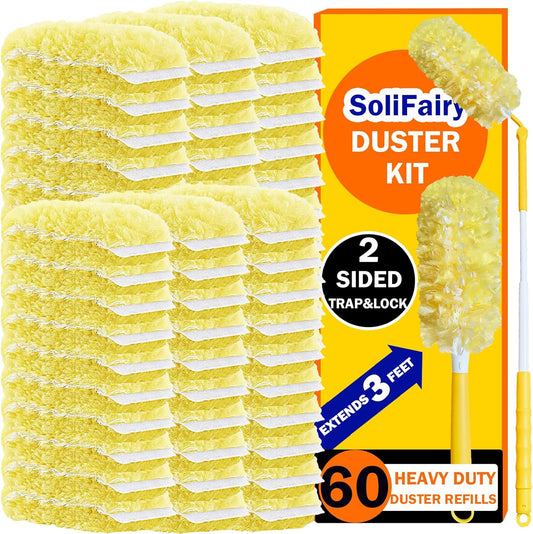 60 Heavy Duty Duster Refills for Swiffer Duster, 3 ft Extendable Handle + 1 Short Handle, Multisurface 360 Dusters kit for Dusting Furniture, Ceiling Fans, Blinds, Corners, Yellow