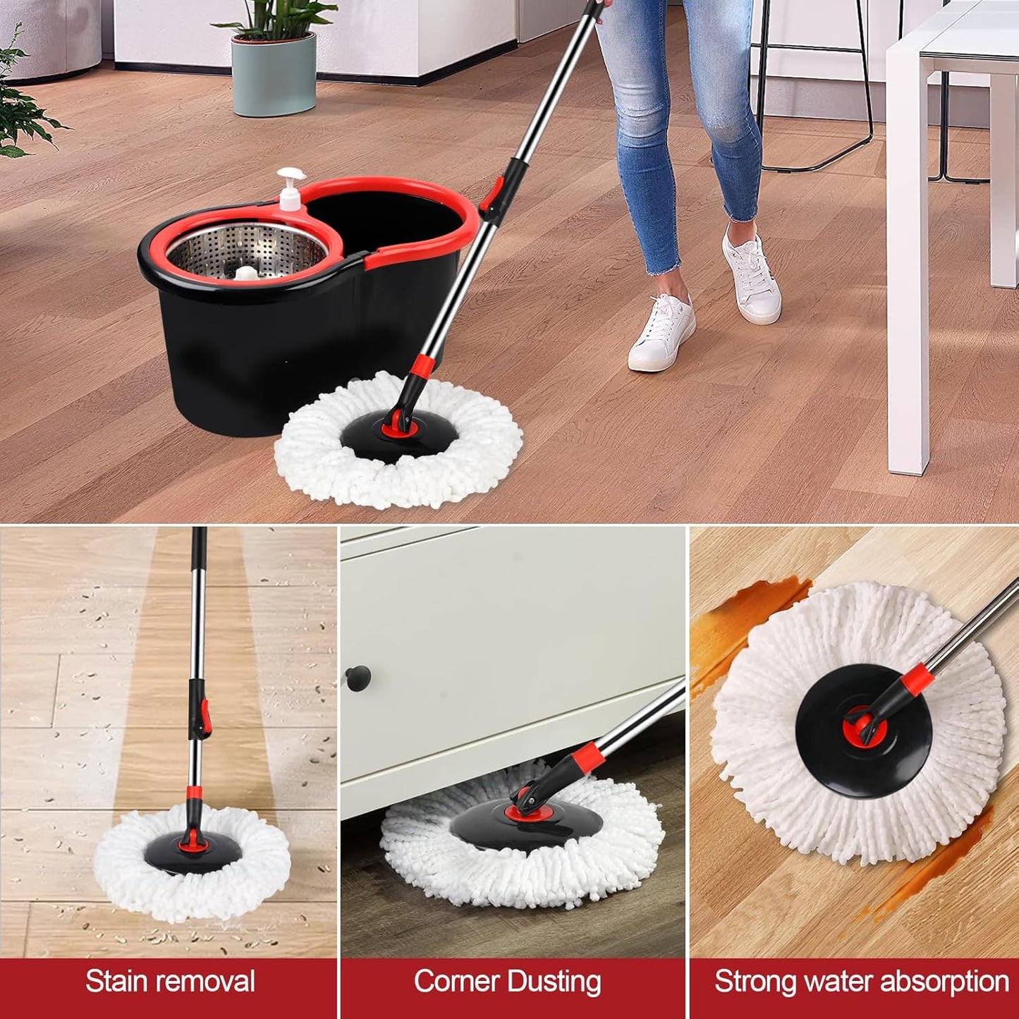 Spin Mop and Bucket with Wringer Set, 360° Spinning Mop Bucket System with 3 Microfiber Mop Replacement Heads, Adjustable Handle for Floor Cleaning (red)