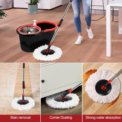 Spin Mop and Bucket with Wringer Set, 360° Spinning Mop Bucket System with 3 Microfiber Mop Replacement Heads, Adjustable Handle for Floor Cleaning (red)