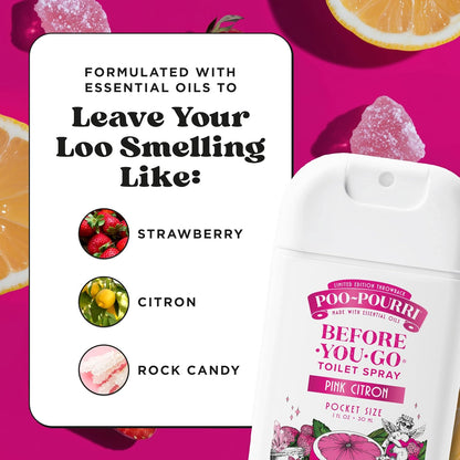 Poo-Pourri Before-You-Go Toilet Spray, Pink Citron, 2 Fl Oz, Up to 100 Uses, Bathroom Odor Deodorizer with Essential Oils for Home or Work, Travel Essentials, TSA Approved Size