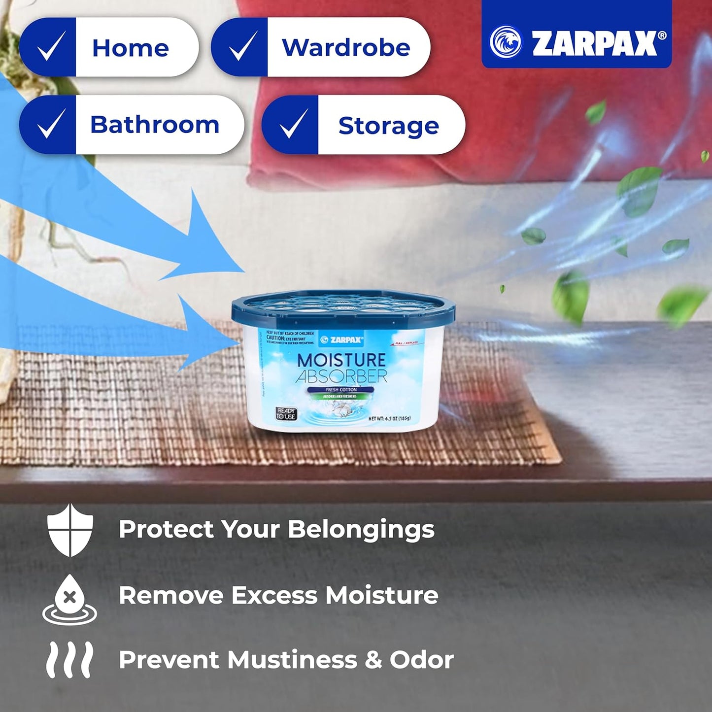 ZARPAX Moisture Absorber Activated Charcoal 10.5 oz/300g | Removes Moisture, Damp, Humidity & Odors | Odor Absorber | Moisture Trap for Bathroom, Closet, Kitchen & Small Spaces | Set of 6