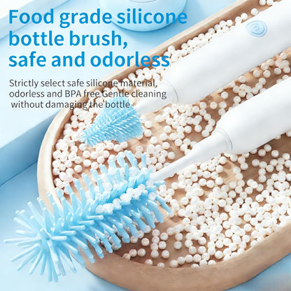 Portable Electric Silicone Bottle Brush Set, 7-in-1 UV Light USB Charging, Nipple/Straw Cleaner, Milk Mixer, Built-in Drying Rack & Storage Case, BPA-Free, IPX7, On-the-Go for New Parents (Mint)