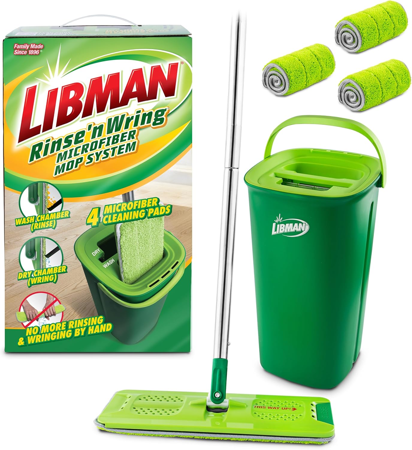 Libman Rinse 'n Wring Mop and Bucket System, Microfiber Dry Wet Mop for Floor Cleaning, Hardwood, Laminate, Tile Cleaner, Dual Chamber Bucket Design, 2 Total Refill Replacement Head Pads