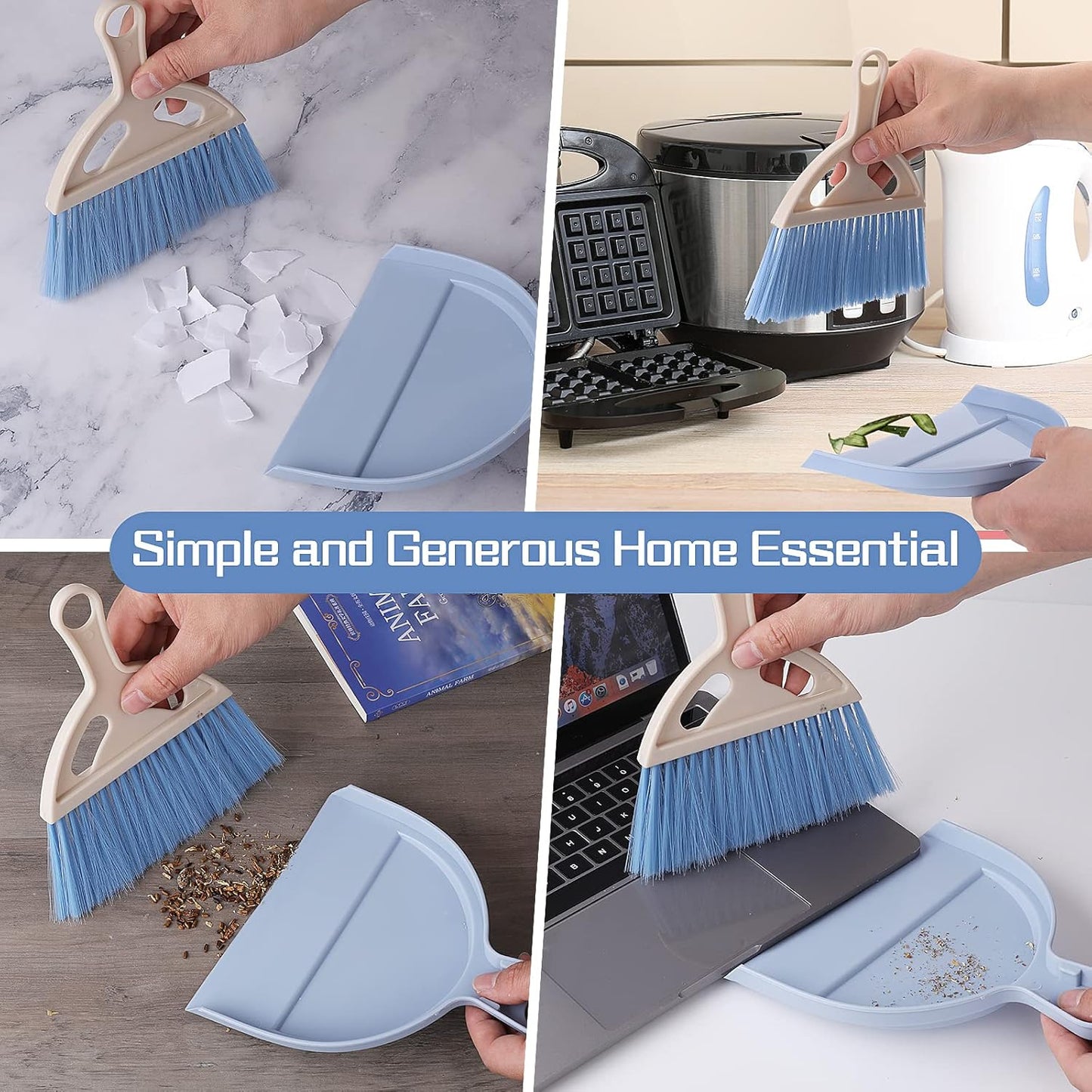 cobee Small Broom and Dustpan Cleaning Set, Mini Whisk Dustpan and Brush with Handle Portable Table Top Dust Pan Dining Table Crumb Sweeper Cleaning Tools with Soft Bristles for Housekeeping(Blue)
