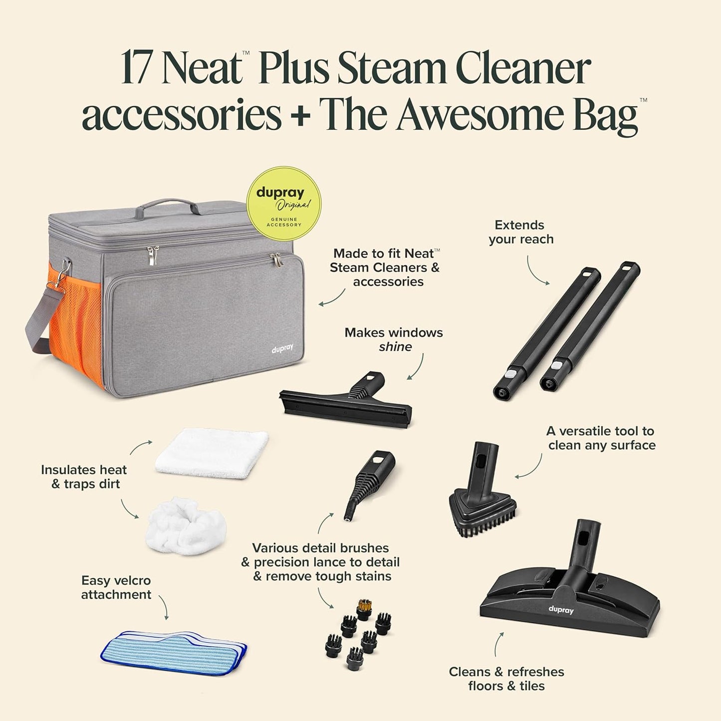 Dupray Neat Plus Steam Cleaner, Multipurpose Steamer for Floors, Grout & Upholstery, Chemical-Free Cleaning, Fast Heat-Up, 40-Piece Accessory Kit