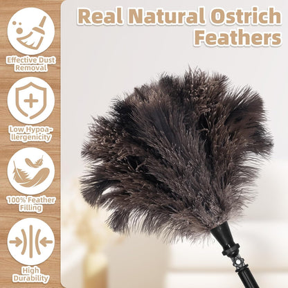 Extendable Ostrich Feather Duster with 17-42 inch Rotatable Aluminum Alloy Pole, Natural Fluffy Reusable Feather Duster for Cleaning High Ceilings, Pendant Lamps, Blinds, Furniture and Roof