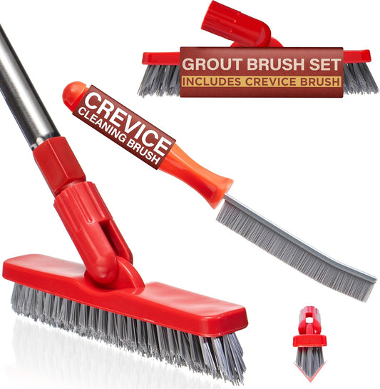 Shower Scrubber with Long Handle, Stiff Bristles Grout-Brush, Tub Scrub-Brush with Long-Handle, Shower-Cleaner Brush, Grout Cleaning Brush for Tile floors, Scouring Pad & Microfiber Cloth for Bathroom