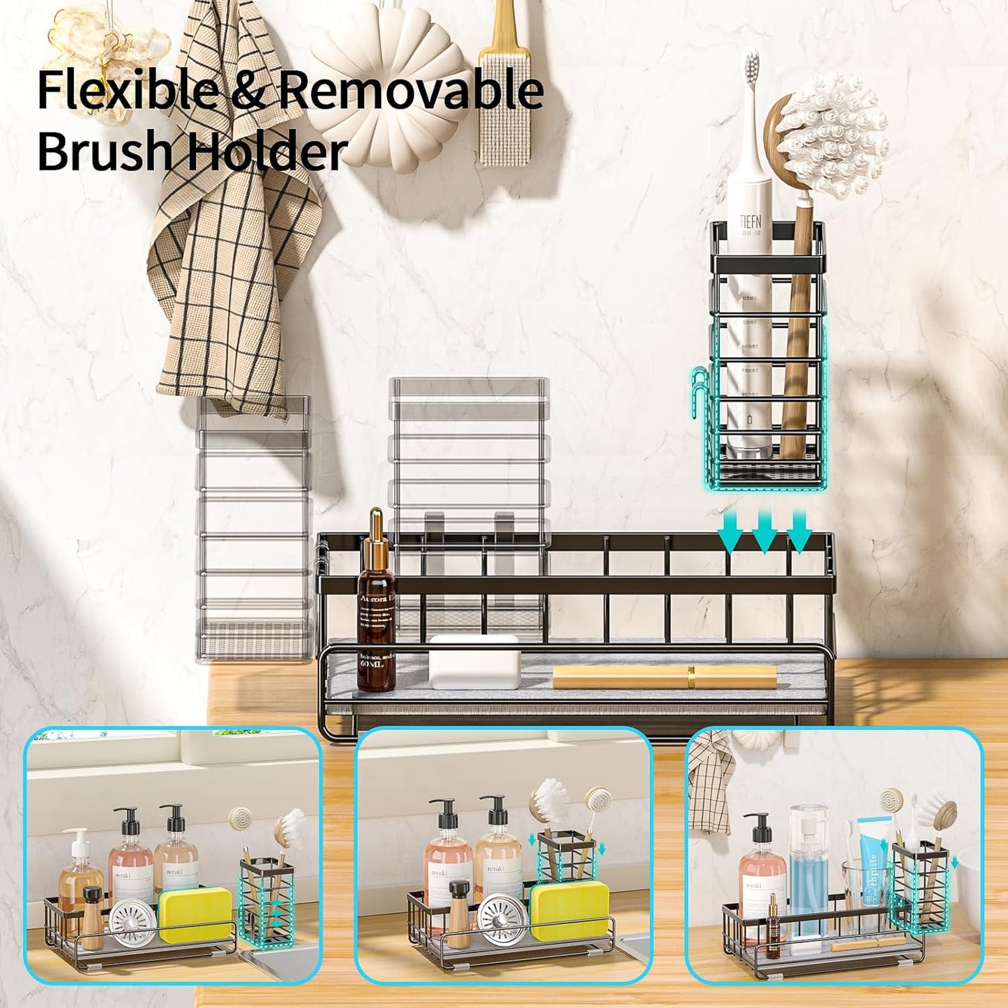 Large Family-Sized Sponge Holder for Kitchen Sink Organizer - Sink Caddy with Instant Drying Stone, Stainless Steel Sponge Holder for Sponges, Scrubbers, Soap, Home Countertop Organizer