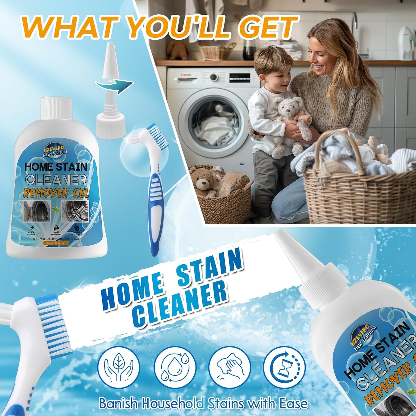 Mold Stain Remover Gel, Washing Machine Cleaner for Front Loader Washer Gasket Rubber Seal Home Stain Removal Gel for Grout, Caulk, Refrigerator, Shower, Bathtub, Bathroom Cleaning Solution (5 Fl Oz)