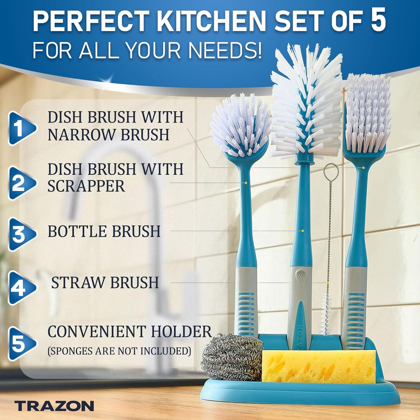 Dish Brush Set of 5 with Holder - Kitchen Scrub Brushes with Non-Slip Long Handle for Cleaning, Scrubber, Dishwashing, Dishes, Bottles, Straws, Cups, Pots & Sink, Black