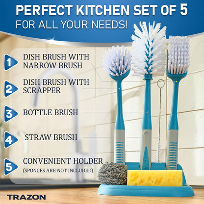 Dish Brush Set of 5 with Holder - Kitchen Scrub Brushes with Non-Slip Long Handle for Cleaning, Scrubber, Dishwashing, Dishes, Bottles, Straws, Cups, Pots & Sink, Black