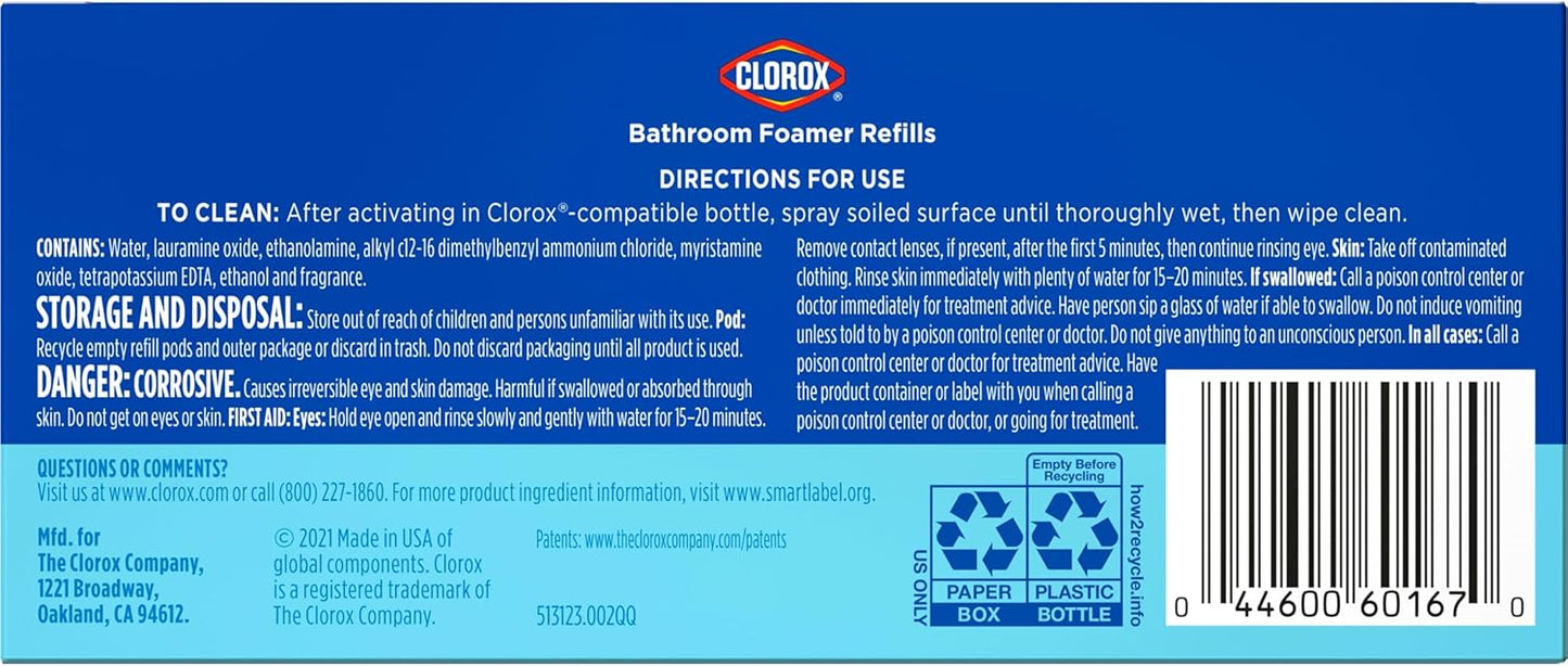 Clorox Bathroom Foamer Refillable Cleaner, Household Essentials, 1 Bottle and 3 Refill, Rain Clean, 1.13 Fl Oz