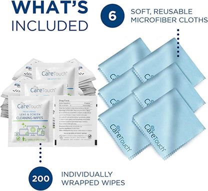 Care Touch Lens Wipes for Eyeglasses- 100 Count Individually Wrapped Pre- Moistened Wipes, 5 x 6 Inch- Camera Lens, Sunglasses and Glasses Cleaner,- Gentle and Portable for Cleaning of Optical Devices
